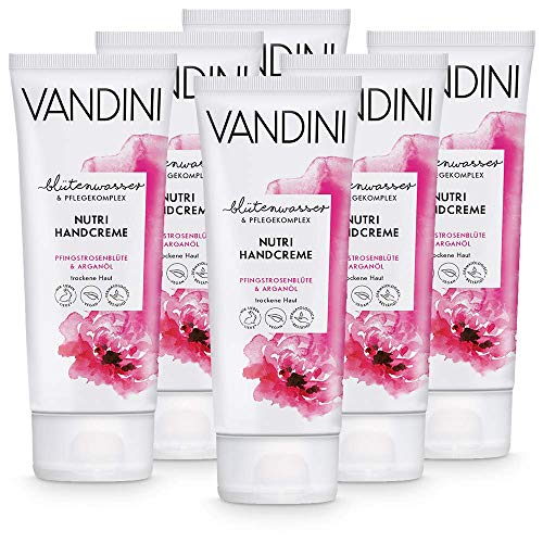 VANDINI Nutri Handcreme Damen mit Pfingstrosenblüte & Arganöl - Handcreme für trockene Haut - vegane Handcreme für Frauen ohne Silikone, Parabene & Mineralöl (6x 75 ml) von VANDINI