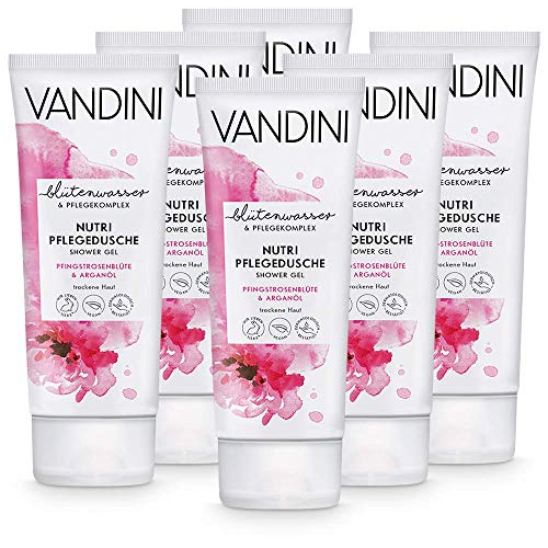 VANDINI Nutri Pflege Duschgel Damen mit Pfingstrosenblüte & Arganöl - Duschgel für trockene Haut - veganes Duschgel für Frauen ohne Silikone, Parabene & Mineralöl im 6er Pack (6x 200 ml) von VANDINI