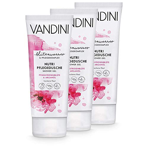 VANDINI Nutri Pflege Duschgel Damen mit Pfingstrosenblüte & Arganöl - Pflegedusche für trockene Haut - veganes Shower Gel für Frauen ohne Silikone, Parabene & Mineralöl im 3er Pack (3x 200 ml) von VANDINI