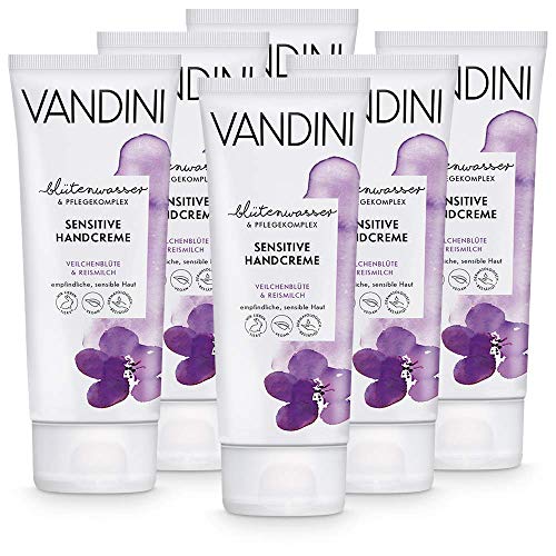 VANDINI Sensitive Handcreme Damen mit Veilchenblüte & Reismilch - Handcreme für empfindliche & sensible Haut - vegane Handcreme für Frauen ohne Silikone, Parabene & Mineralöl (6x 75 ml) von VANDINI