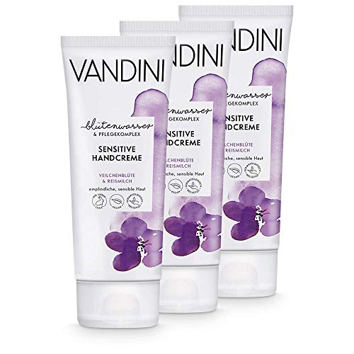 VANDINI Sensitive Handcreme Damen mit Veilchenblüte & Reismilch - Intensiv Creme für empfindliche & sensible Haut - vegane Hautpflege für Frauen ohne Silikone, Parabene & Mineralöl (3x 75 ml) von VANDINI