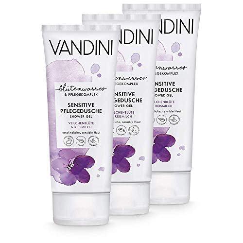 VANDINI Sensitive Pflege Duschgel Damen mit Veilchenblüte & Reismilch - Pflegedusche für empfindliche & sensible Haut - veganes Shower Gel für Frauen ohne Silikone Parabene & Mineralöl (3x 200 ml) von VANDINI