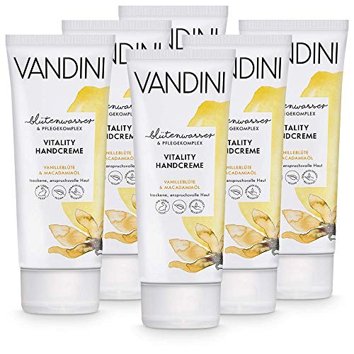 VANDINI Vitality Handcreme Damen mit Vanilleblüte & Macadamiaöl - Handcreme für trockene & anspruchsvolle Haut - vegane Handcreme für Frauen ohne Silikone, Parabene & Mineralöl (6x 75 ml) von VANDINI