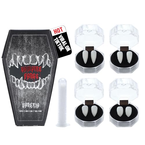 VANERIA 4 Paar Vampirzähne, 4 Größe Reißzähne für Cosplay Halloween mit Tube solide Klebstoff, Vampir Sarg Geschenk Box Design, Fake Reißzähne Vegan / Grausamkeit frei VANERIA 4 Paar Vampirzähne, 4 Größe Reißzähne für Cosplay Halloween mit Tube solide Klebstoff, Vampir Sarg Geschenk Box Design, Fake Reißzähne Vegan / Grausamkeit frei von VANERIA