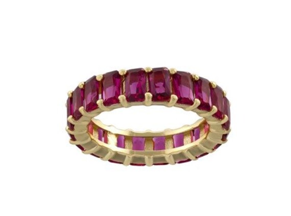 Smaragdschliff Eternity Band. Trauring. Jubiläumsring. Rot Sterling Silber Baguette Stil Bandring Vergoldet von VANHAKCollection