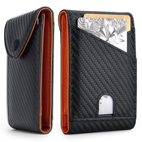 VANNANBA Faltbare Geldbörse mit Schnappverschluss für Herren, RFID-blockierende Vordertasche, minimalistische Geldbörse mit Geschenk-Box, Ausweisfenster und 10 Kartenfächern, Carbon Orange, Modern von VANNANBA