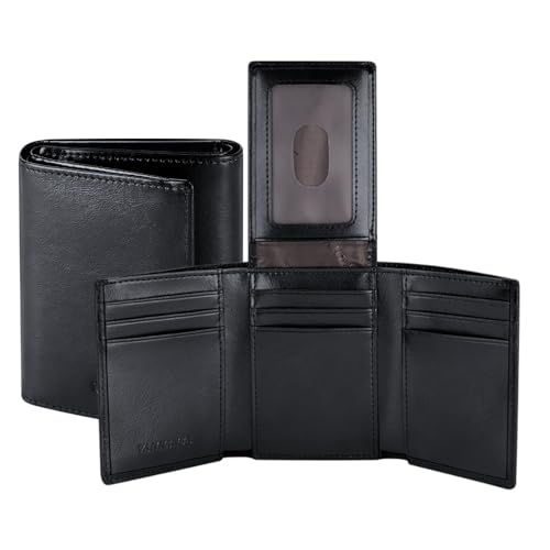 VANNANBA Herren-Geldbörse aus echtem Leder, dreifach gefaltet, mit Ausweisfenster, Kreditkartenfächern, Schwarz von VANNANBA