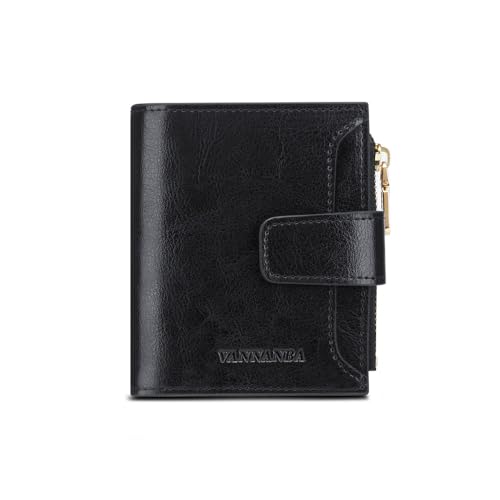 VANNANBA Kleine Geldbörse für Damen, echtes Leder, doppelte Reißverschlusstasche, kompakt, RFID-blockierend, mit Geschenkbox, Schwarz, Minimalistisch von VANNANBA