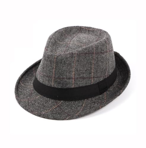 Herren Classic Plaid Manhattan Strukturierter Trilby Fedora Hut Panama Hut Kubanischer Stil Derby Hut Jazzhut mit Band (Grau), grau, 1 von VANTOBEST