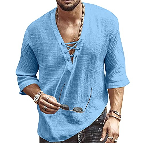 Hemd Herren Kurzarm Hawaii Hemd Leinenhemd Herren Sommerhemd Freizeithemd Henley Blau Hemd Herren Shirt 4XL von VANVENE