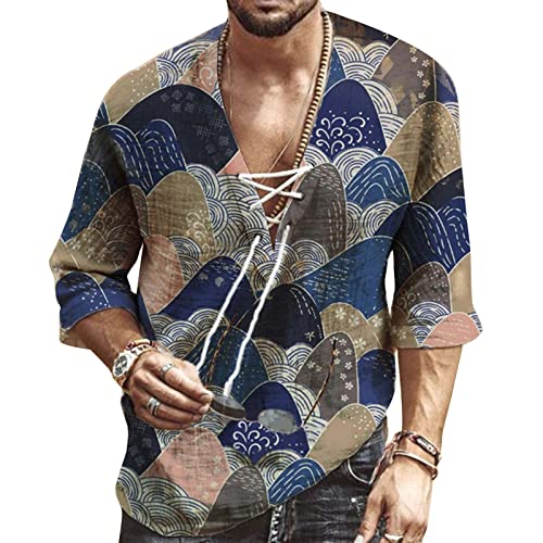 Hemd Herren Kurzarm Hawaii Hemd Leinenhemd Herren Sommerhemd Freizeithemd Henley Druck Blau Hemd Herren Shirt 3XL von VANVENE