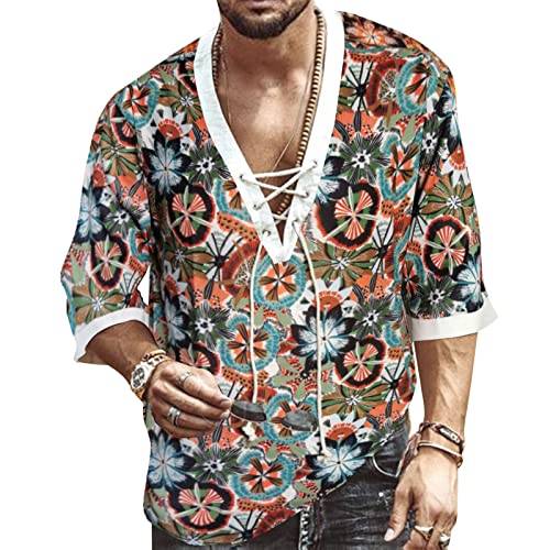 Hemd Herren Kurzarm Hawaii Hemd Leinenhemd Herren Sommerhemd Freizeithemd Henley Druck Grün Hemd Herren Shirt 4XL von VANVENE