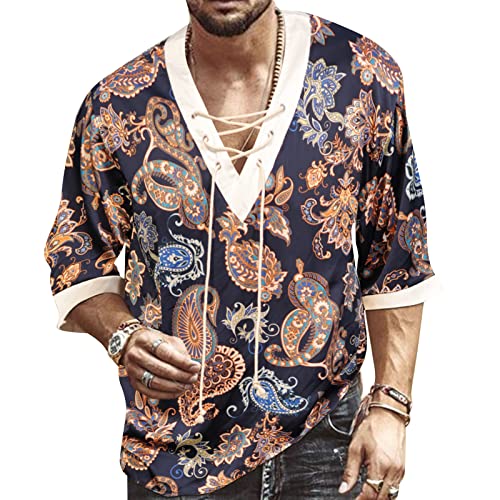 Hemd Herren Kurzarm Hawaii Hemd Leinenhemd Herren Sommerhemd Freizeithemd Henley Druck Marineblau Hemd Herren Shirt 4XL von VANVENE