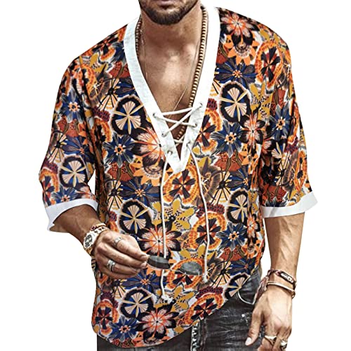 Hemd Herren Kurzarm Hawaii Hemd Leinenhemd Herren Sommerhemd Freizeithemd Henley Druck Orange Blau Hemd Herren Shirt L von VANVENE