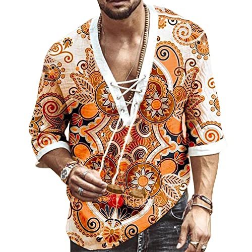 Hemd Herren Kurzarm Hawaii Hemd Leinenhemd Herren Sommerhemd Freizeithemd Henley Druck Orange Hemd Herren Shirt 3XL von VANVENE