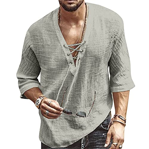 Hemd Herren Kurzarm Hawaii Hemd Leinenhemd Herren Sommerhemd Freizeithemd Henley Grau Hemd Herren Shirt 4XL von VANVENE