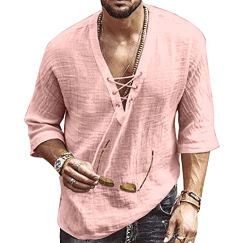 Hemd Herren Kurzarm Hawaii Hemd Leinenhemd Herren Sommerhemd Freizeithemd Henley Rosa Hemd Herren Shirt L von VANVENE