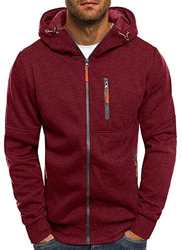 Herren Casual Hoodie Full Zip Up Sweatshirt Sport Hoody Fitness Cardigan Kapuzenjacke M-2XL, 3 rot, XL von VANVENE