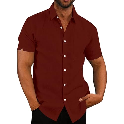 Herren Hemd Kurzarm Leinenhemd Herren Sommer Baumwolle Freizeithemd Hemdshirt Rot Hemd Herren Shirt M von VANVENE