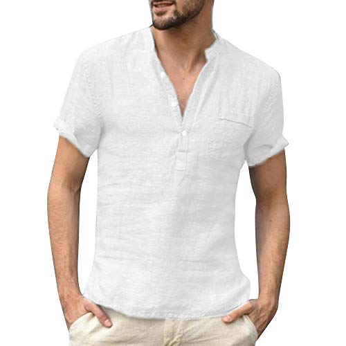 Herren Leinen T-Shirt Reine Baumwolle geknöpft Kurzarm Shirt, weiß, 3XL von VANVENE