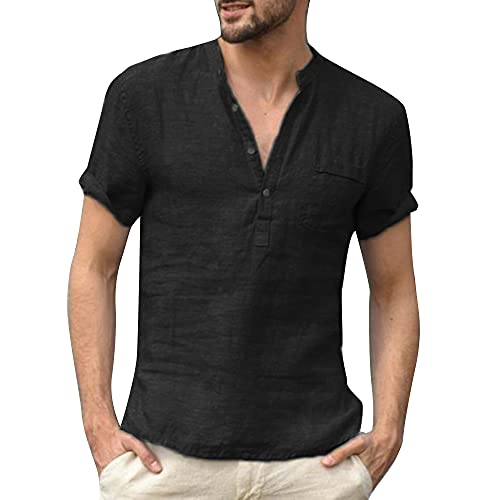 Herren Leinen T-Shirt reine Baumwolle geknöpft Kurzarm Shirt, Schwarz , XL von VANVENE