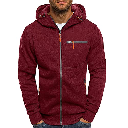 Herren-Sweatshirt, einfarbig, Sport- und Fitness-Kapuzenpullover, schmale Passform, stilvolle Strickjacken, rot, L von VANVENE