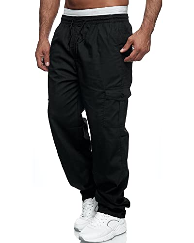 VANVENE Herren-Cargo-Arbeitshose, leicht, Baumwolle, lässig, Jogger, elastische Taille, Kordelzug, Outdoorhose mit Taschen, Schwarz , 34-37 von VANVENE