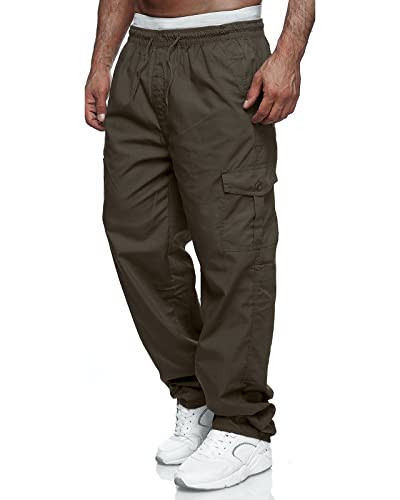 VANVENE Herren-Cargo-Arbeitshose, leicht, Baumwolle, lässig, Jogger, elastische Taille, Kordelzug, Outdoorhose mit Taschen, braun, 58 von VANVENE