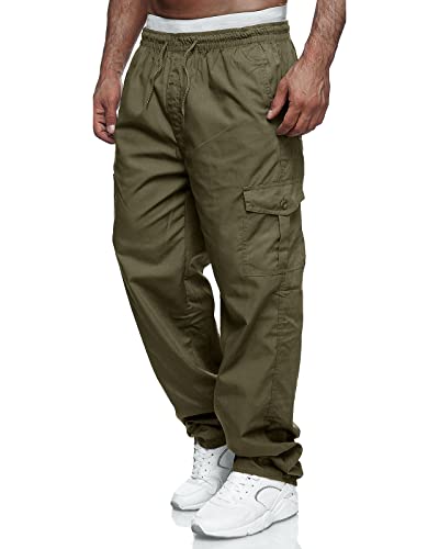 VANVENE Herren-Cargo-Arbeitshose, leicht, Baumwolle, lässig, Jogger, elastische Taille, Kordelzug, Outdoorhose mit Taschen, grün, 34-37 von VANVENE