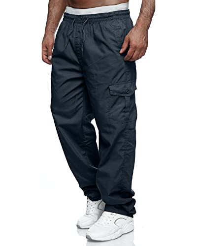 VANVENE Herren-Cargo-Arbeitshose, leicht, Baumwolle, lässig, Jogger, elastische Taille, Kordelzug, Outdoorhose mit Taschen, navy, 31-35 von VANVENE