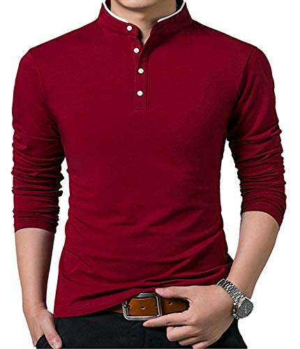 VANVENE Herren-Poloshirt, normale Passform, einfarbig, Baumwolle, Henley-Hemd, langärmelig, rot, XXL von VANVENE