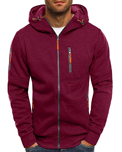 VANVENE Herren-Kapuzenpullover mit Reißverschluss, Fleece, Kapuze, Sweatshirt, Jacken (16 Farben), 1 Rotwein, L von VANVENE