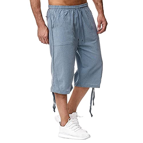 VANVENE Herren Kurz 3/4 Länge Leinen Shorts Leinenhose Kordelzug Strand Yoga Jogger Freizeithose Urlaub Sommer Blau XXL von VANVENE