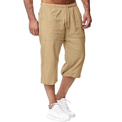 VANVENE Herren Kurz 3/4 Länge Leinen Shorts Leinenhose Kordelzug Strand Yoga Jogger Freizeithose Urlaub Sommer Braun 3XL von VANVENE