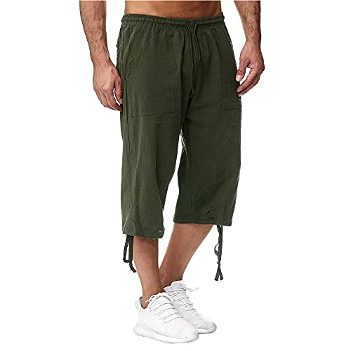 VANVENE Herren Kurz 3/4 Länge Leinen Shorts Leinenhose Kordelzug Strand Yoga Jogger Freizeithose Urlaub Sommer Grün XL von VANVENE