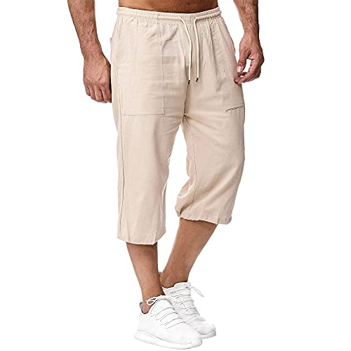 VANVENE Herren Kurz 3/4 Länge Leinen Shorts Leinenhose Kordelzug Strand Yoga Jogger Freizeithose Urlaub Sommer Khaki XXL von VANVENE