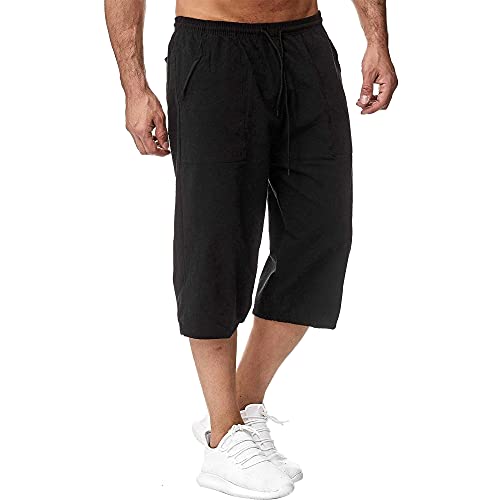 VANVENE Herren Kurz 3/4 Länge Leinen Shorts Leinenhose Kordelzug Strand Yoga Jogger Freizeithose Urlaub Sommer Schwarz L von VANVENE