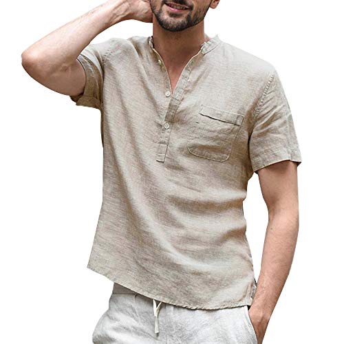 Herren Leinen T-Shirt Reine Baumwolle geknöpft Kurzarm Shirt, khaki, L von VANVENE