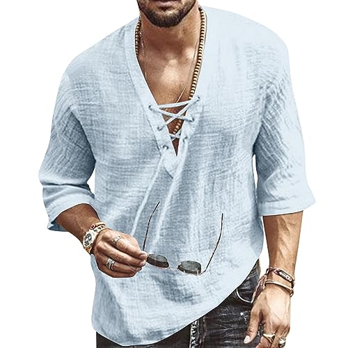 VANVENE Herren Leinenhemd, kurzärmelig, V-Ausschnitt, Kordelzug, Sommer, Baumwolle, Henley-Shirt, lässig, Strand, Yoga, himmelblau, XL von VANVENE