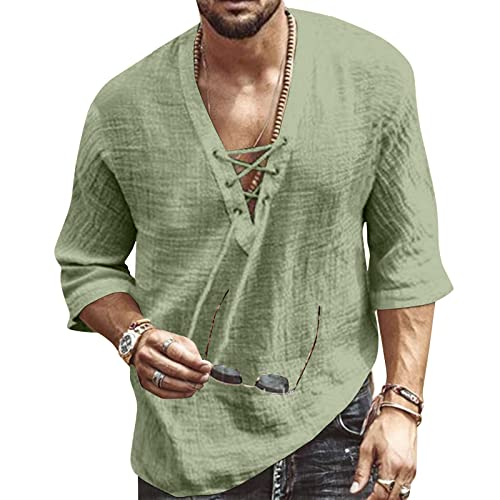 VANVENE Herren Leinenhemd, kurzärmelig, V-Ausschnitt, Kordelzug, Sommer, Baumwolle, Henley-Shirt, lässig, Strand, Yoga, lichtgrün, L von VANVENE