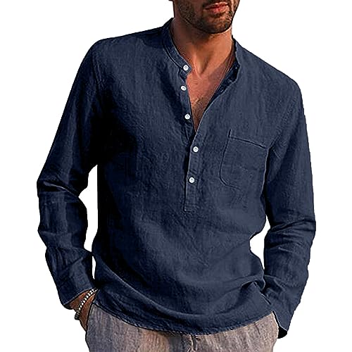 VANVENE Herren Leinenhemd, langärmelig, lässig, Baumwolle, Sommer, Strand, Henley-Shirt, marineblau, XL von VANVENE