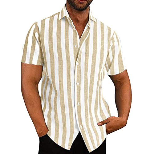 VANVENE Hemd Herren Kurzarm Leinenhemd Herren Baumwolle Hawaii Hemd Leichtes Sommerhemd Gestreift Braun Hemd Herren von VANVENE