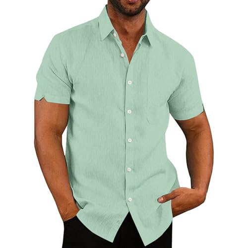 VANVENE Hemd Herren Kurzarm Leinenhemd Herren Baumwolle Hawaii Hemd Leichtes Sommerhemd Grün Hemd Herren von VANVENE