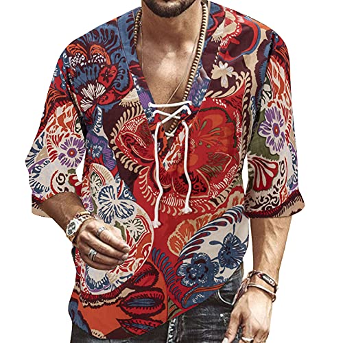 Hemd Herren Kurzarm Hawaii Hemd Leinenhemd Herren Sommerhemd Freizeithemd Henley Mode Rot Hemd Herren Shirt 3XL von VANVENE