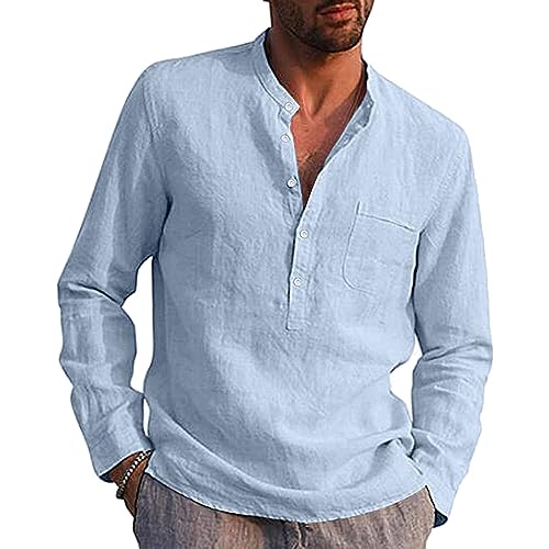 VANVENE Herren Leinenhemden Langarm Casual Baumwolle Sommer Strand Henley Shirt Tops, blau, XL von VANVENE