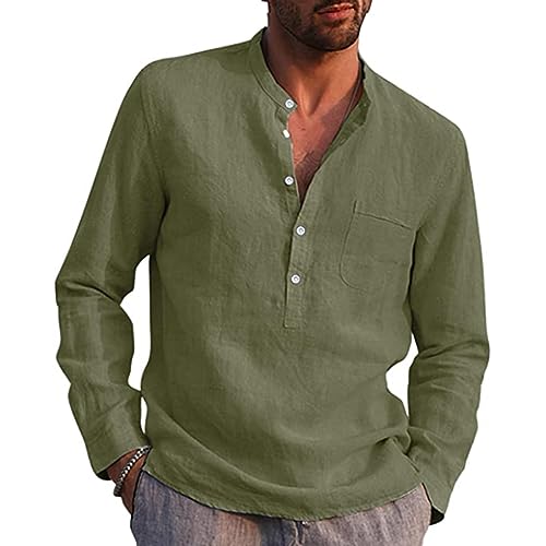 VANVENE Herren Leinenhemd, langärmelig, lässig, Baumwolle, Sommer, Strand, Henley-Shirt, grün, M von VANVENE