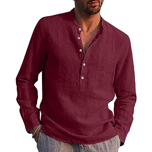 VANVENE Herren Leinenhemden Langarm Casual Baumwolle Sommer Strand Henley Shirt Tops, rot, 3XL von VANVENE