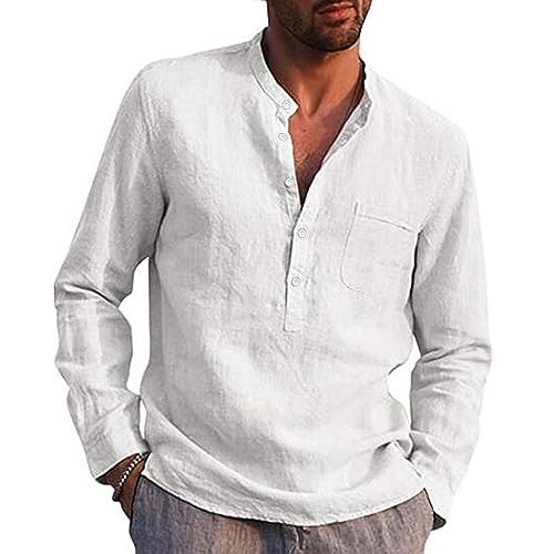 VANVENE Herren Leinenhemden Langarm Casual Baumwolle Sommer Strand Henley Shirt Tops, weiß, 3XL von VANVENE