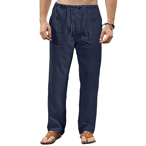 VANVENE Herren-Leinenhose, leicht, locker, einfarbig, einfach, lässige Yogahose, blau, 56 von VANVENE