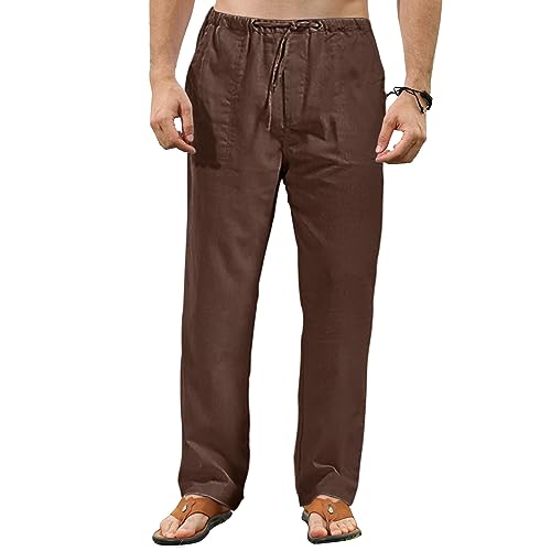 VANVENE Herren Leinenhose Leichte Lose Einfarbig Einfache Lässige Yogahose, braun, 41-44.5 von VANVENE